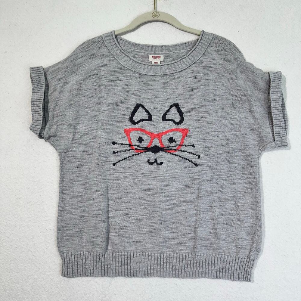Mossimo Pink Glasses Kitty Cat Grey Short Sleeve Cotton Knit Sweater Shirt Med